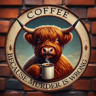 1pc, Vintage Cow Coffee Round Metal Tin Sign (8x8 Inches), Humorous Farmhouse Kitchen Bar Decor, Waterproof & Weather-Resistant Wall Art, Ideal Gift For Coffee & Cow Enthusiasts, 'Coffee Because Is Wrong' Quirky Message,Home Decor ,Room Decor,Wall Decor Gifts Birthday Graduation