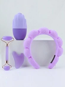 4pcs Facial Cleansing Tool Set - Makeup Remover Headband, Resin Oil Absorbing Massage Roller, Gua Sha Board, Tray - Multicolor - View 13