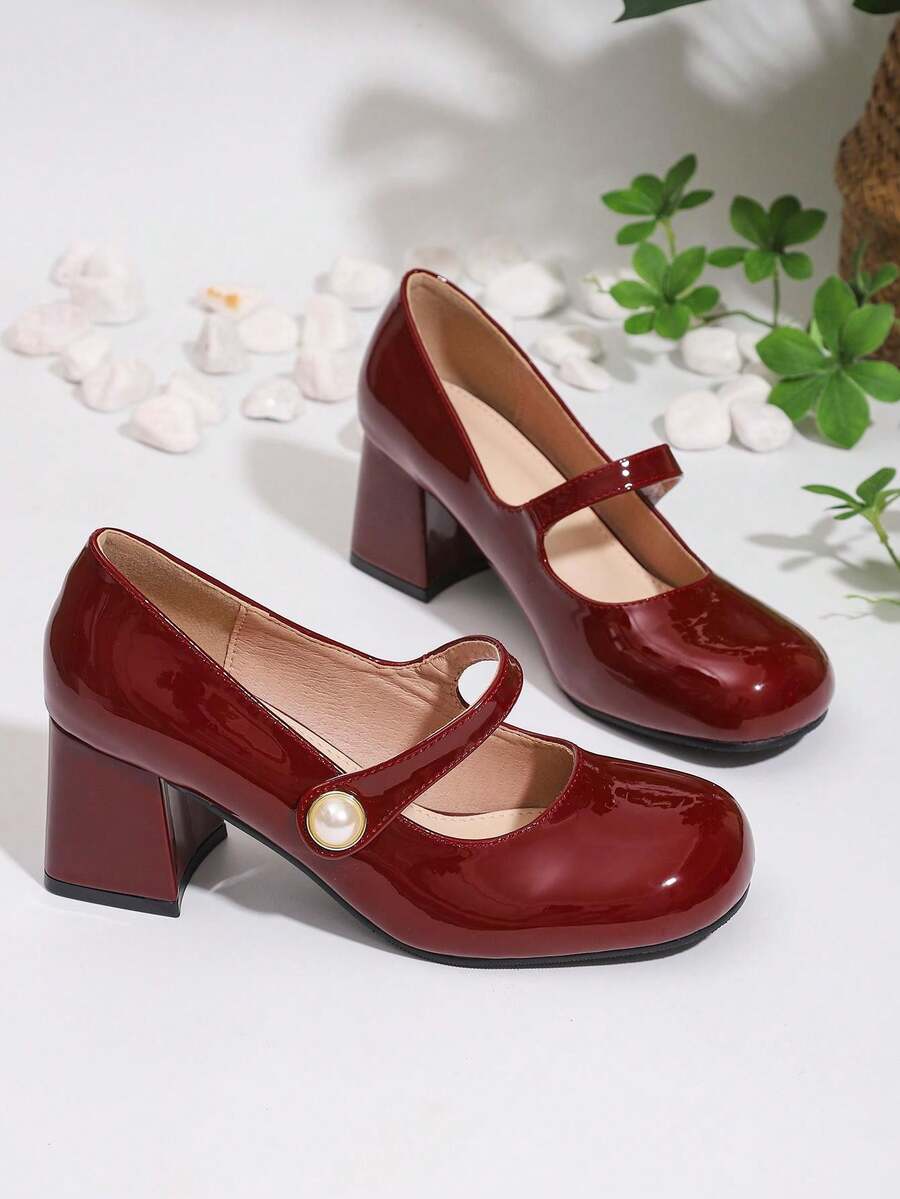 Red High Heel Shoes For Women, French Style Chunky Heel Retro Mary