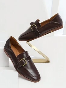 New Coffee Brown Vintage Style Buckle Slip-On Casual Loafers, Fashion Comfortable Versatile Flat Shoes For Women