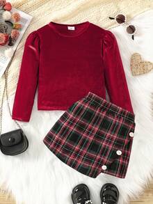 2 piezas Conjunto de suéter de terciopelo elegante retro y falda corta a cuadros para niñas jóvenes, conjunto de moda casual