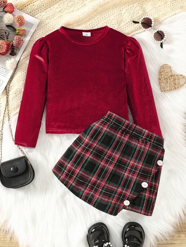2 piezas Conjunto de suéter de terciopelo elegante retro y falda corta a cuadros para niñas jóvenes, conjunto de moda casual