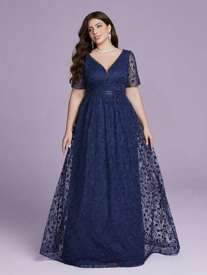 大码 U 领刺绣蕾丝短袖珍珠饰边高端晚礼服，优雅正式舞会礼服，适合婚礼嘉宾、毕业典礼、晚宴