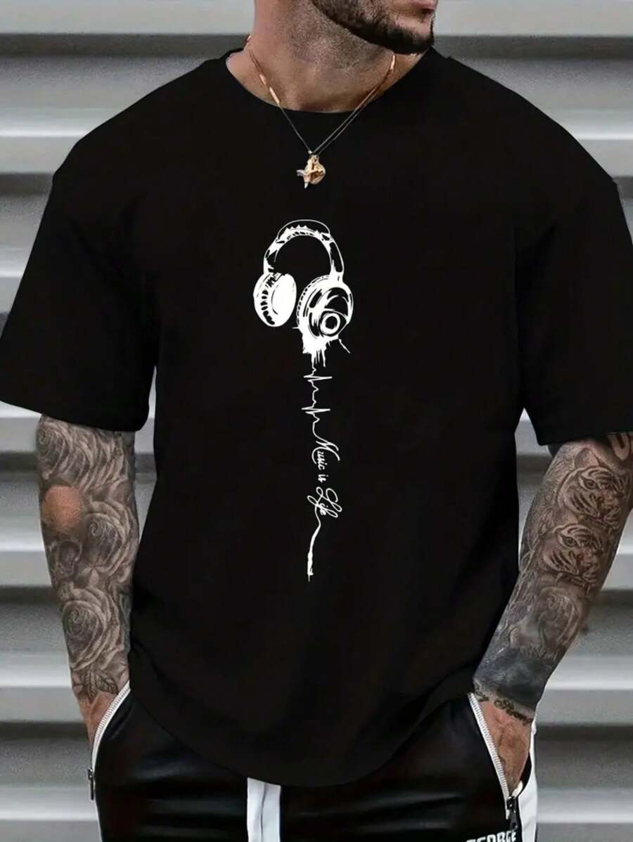 Men's Music Is Life T-Shirt With Music Print And Headphones Launch 100% Cotton Premium Mesh Shirt - 黑色 - 查看 1