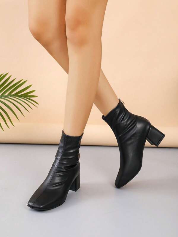 Women's Square Toe Back Zipper High Heel Short Boots, Chunky Heeled Fashion Boots, British Style For Autumn/Winter
