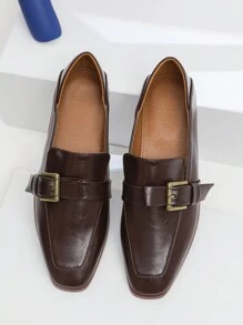 New Coffee Brown Vintage Style Buckle Slip-On Casual Loafers, Fashion Comfortable Versatile Flat Shoes For Women