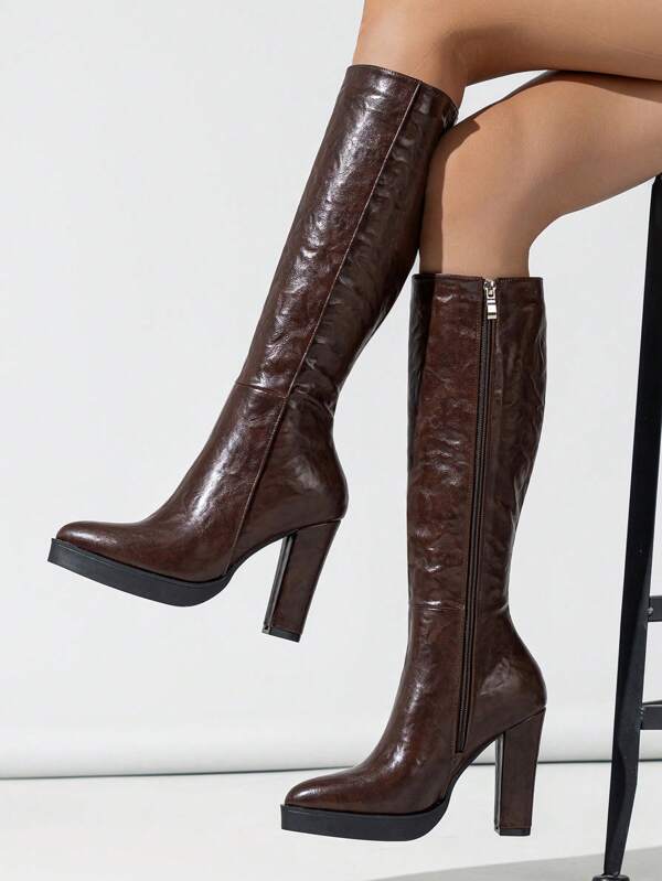 New Elegant Minimalist High Shaft Waterproof Platform Side Zipper Chunky Heel Boots For Women, Comfortable & Fashionable For Autumn/Winter , Ideal With Black Skirt