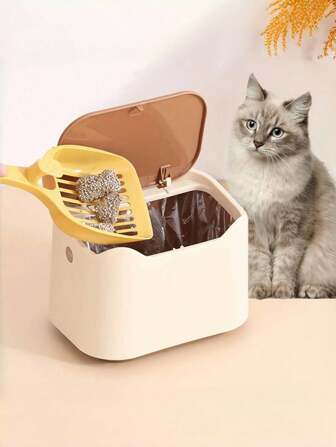 1pc Square Odor-Proof Enclosed Cat Litter Bin With Press-Out Lid, Convenient For Isolating Odor And Avoiding Bacterial Exposure