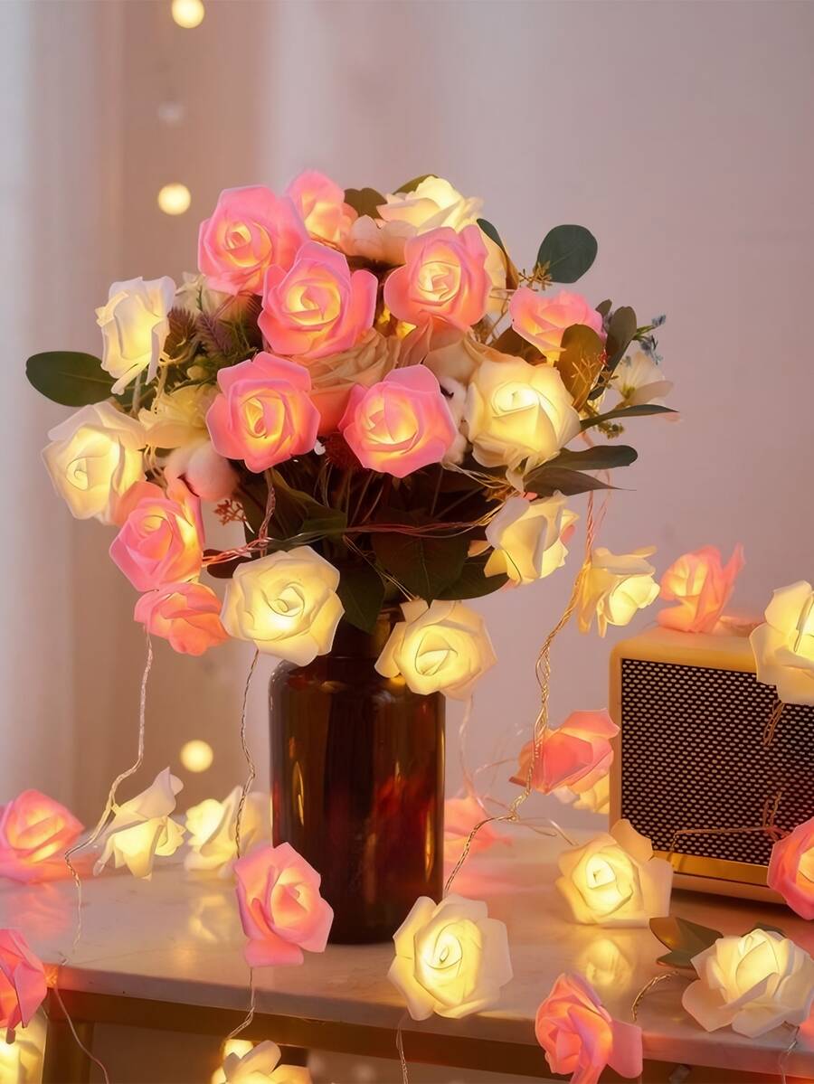 1.5m/3m/6m 情人节玫瑰花灯串，浪漫母亲节，温馨情人节礼物，DIY 假玫瑰花装饰灯适用于婚礼花园派对，LED 室内外仙女灯，电池供电，适用于节日、生日、氛围、卧室、派对装饰，送给家人、女朋友、男朋友、情人节的礼物