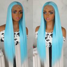 Blue Synthetic Lace Front Wig Long Straight Pink Color Hair Pre Plucked Hairline Glueless Fluorescent Green 13x4 Free Part Heat Resistant Fiber Replacement Wigs For Fashion Women Girls Party Vacation Daily Makeup Use Ready To Wear - 水鴨藍 - 查看 4
