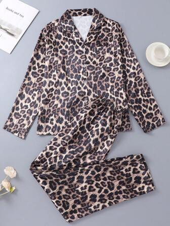 2pcs Leopard & Floral Print Women Comfy Lounge/Pajama Set, Satin Long Sleeve Top And Long Pants, Autumn/Winter