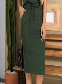 Midi Skirt With Side Slit - xanh quân đội - Xem 1