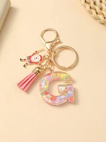 1pc Christmas Santa Claus Key Chain With Alphabet Resin Charm & Butterfly Tassel, For Girls - Pink - View 32