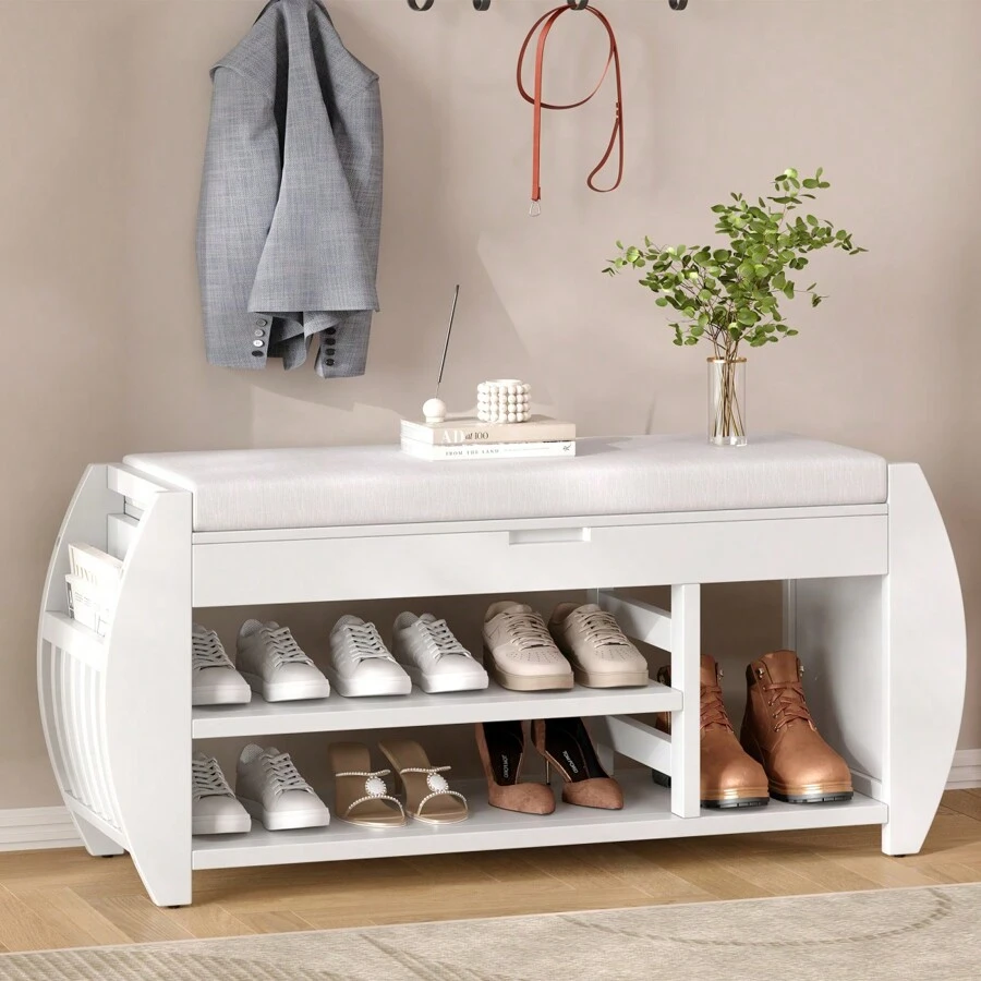 Retro Multifunctional Storage Bench With Cushion And Curved Side Panel