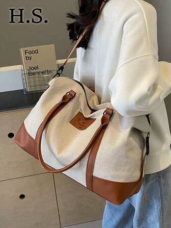 Fashionable Color Block Large Capacity Handbag Shoulder Bag Casual Tote Bag For Short Trip Travel Gym Versatile Zipper Closure Vintage Travel Bag For Women