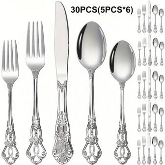Luxury 20/30pcs Stainless Steel Flatware Set - Vintage-Inspired, Mirror-Polished, Dishwasher Friendly - Ideal For 6 For Weddings, Housewarmings & Celebrations - Elegant Dining For Any Occasion,School Supplies