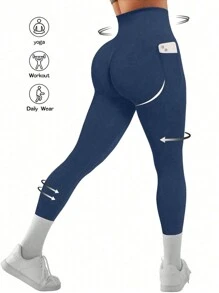 Summer Workout 1pc High Waisted Solid Color Yoga Leggings With Pockets, Suitable For Hiking, Outdoor Sports And Casual