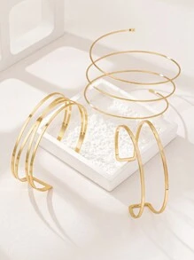 3pcs Metal Geometric Hollow Line Cuff Bracelets Set, Fashion Exaggerated Style - Yellow Gold - View 4