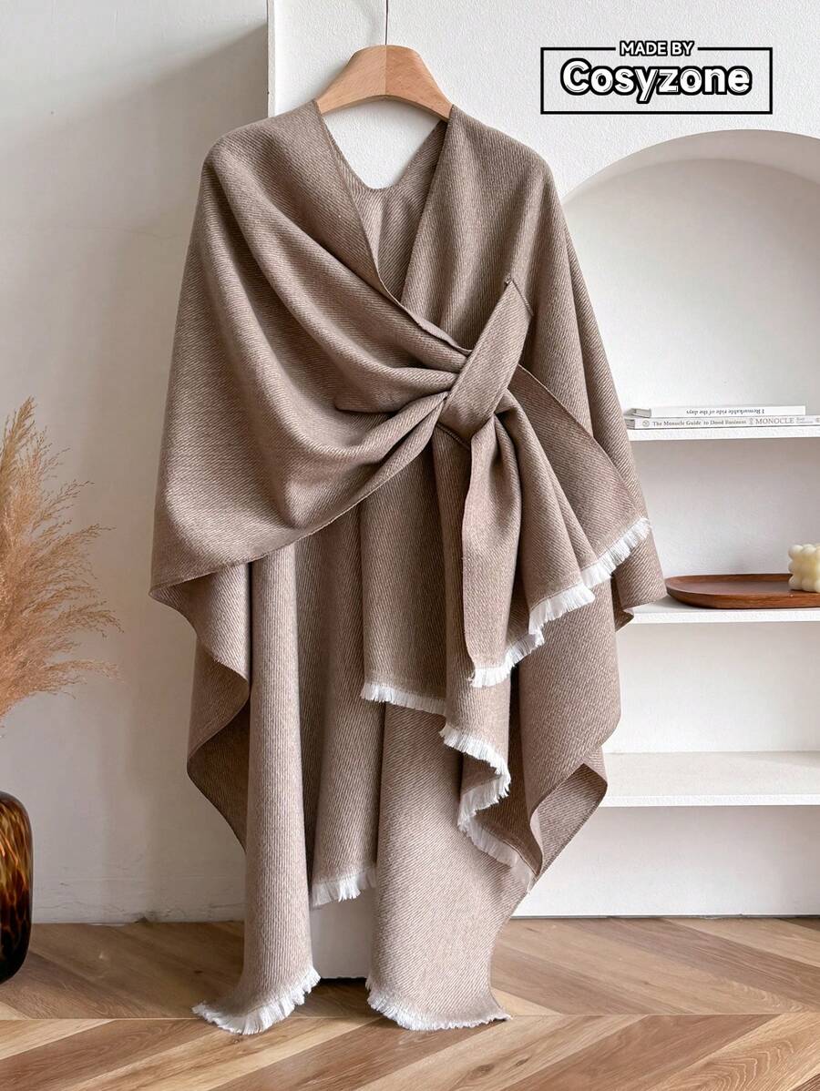 1pc Women's Solid Color Minimalist Design Knitted Shawl Cardigan, Fashion Poncho Cape, Warm Scarf For Autumn/Winter
