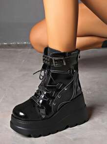 Gothic Women's Boots Punk Rivet Lace Wedge Heel Shoes Motorcycle Fight Style Comfortable Short Boots Christmas Shoes - màu đen - Xem 7