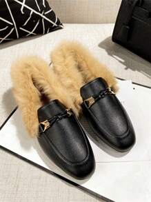 Mengshangli Fuzzy Slip-On Flats With Warm Fur Lining, Comfortable Slide Loafers For Women