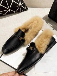 Mengshangli Fuzzy Slip-On Flats With Warm Fur Lining, Comfortable Slide Loafers For Women