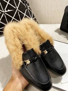 Mengshangli Fuzzy Slip-On Flats With Warm Fur Lining, Comfortable Slide Loafers For Women