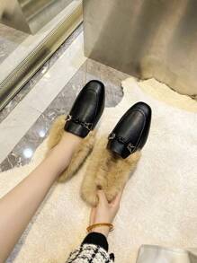 Mengshangli Fuzzy Slip-On Flats With Warm Fur Lining, Comfortable Slide Loafers For Women
