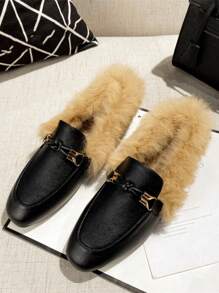 Mengshangli Fuzzy Slip-On Flats With Warm Fur Lining, Comfortable Slide Loafers For Women