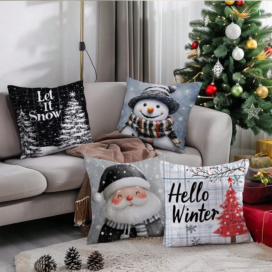 Bộ 4 vỏ gối Giáng sinh, màu nước đen trắng hình ông già Noel và người tuyết, họa tiết cây thông Noel, chất liệu nhung đào mềm mại, vỏ gối 45*45CM thích hợp trang trí ghế sofa trong nhà, trang trí tiệc, quà tặng gối trang trí - Nhiều màu - Xem 1