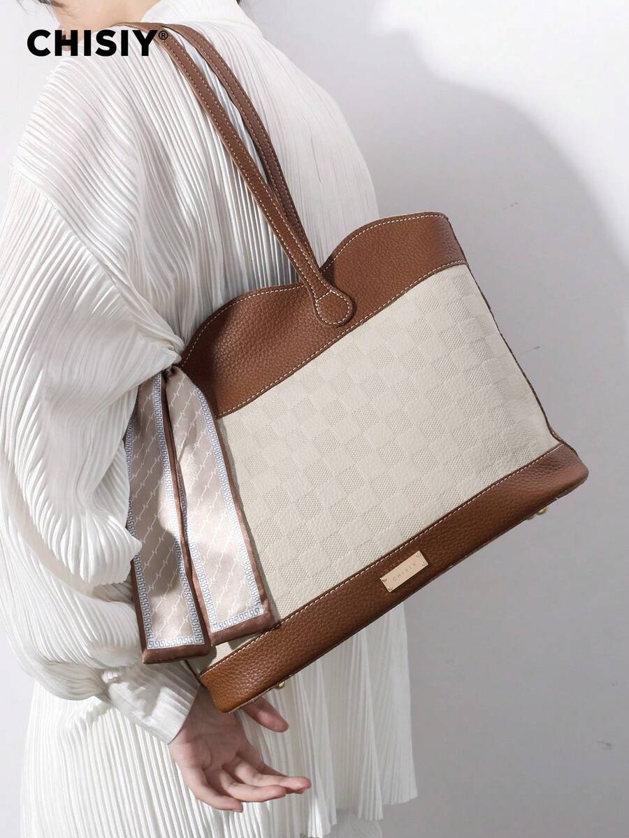 CHISIY 2 chiếc/bộ Túi tote da giả màu trơn thanh lịch cao cấp thủ công nguyên bản, phong cách Hàn Quốc thời trang, dung tích lớn, túi đeo vai thiết kế công sở sang trọng, quà tặng Ngày của Mẹ/Halloween/Giáng sinh thích hợp cho phụ nữ công sở, kỳ nghỉ, du lịch, mua sắm, hẹn hò, mùa thu/đông - Màu be - Xem 1