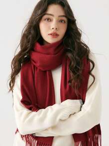 1pc Women Red Faux Cashmere Warm, Versatile Tassel Scarf, Minimalist & Elegant, Suitable For Winter Outings, Dinners, Dates - Soft, Warm & Fashionable