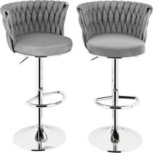 Bar Stools Set Of 2, Velvet Upholstered Bar Chairs With Black Metal Legs, Backs & Footrest, Counter Height Bar Stools, Modern Bar Chair For Kitchen Island, Dining Room - 灰色 - 查看 7