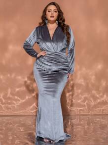 Plus Size Women V-Neck Ruched Long Sleeve Dress, Elegant For Autumn, Formal Evening Prom Dress, For Wedding Guest, Graduation, Dinner