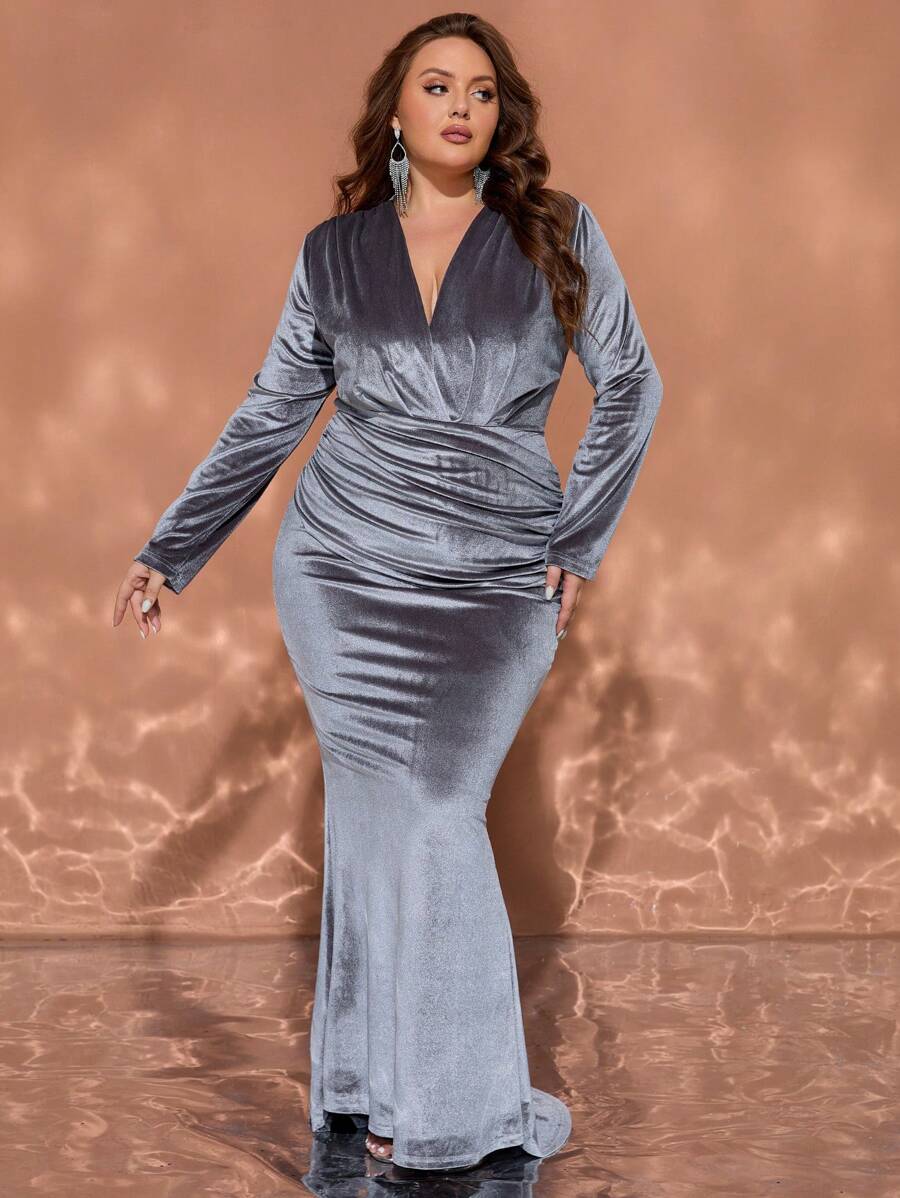 Plus Size Women V-Neck Ruched Long Sleeve Dress, Elegant For Autumn, Formal Evening Prom Dress, For Wedding Guest, Graduation, Dinner