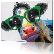 Framed Cow Print Bathroom Farmhouse Decor: Colorful Curious Cow With Large Green Glasses Canvas Wall Art Farm Animal Painting Kids Room Decor Picture For Bedroom Kitchen - Framed - View 2