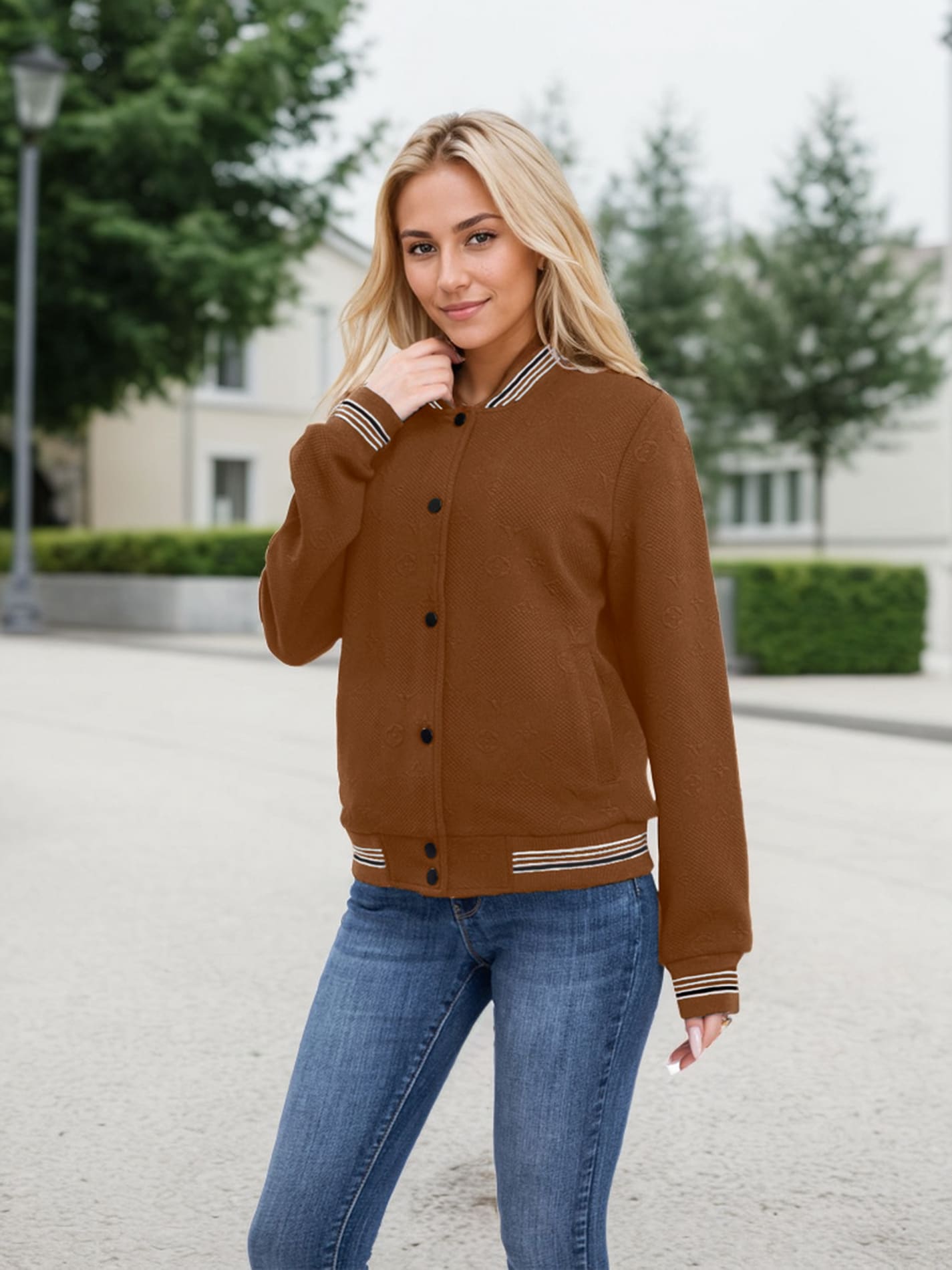 Women's Lightweight Baseball Jacket - Versatile Stitching Fabric Outerwear With Multi-Fabric Options And Unique Patterns - 駝色 - 查看 1