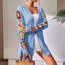 Womens Boho Floral Crochet Cardigan Long Sleeve Open Front Knitted Sweater Cardigans Fall Knitwear Coat - 天藍色 - 查看 3