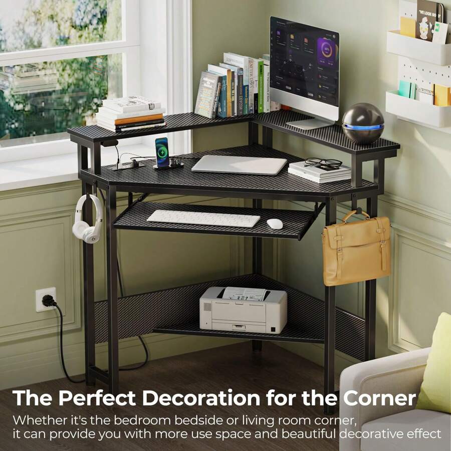 GREENSTELL Corner Desk, 44.5" W X 34.5" H Small Carbon Fiber Computer Desk With Power Outlets, LED Lights And Keyboard Tray, Small Office Computer Desk With Monitor Stand For Small Space, Carbon Black - Xem 1