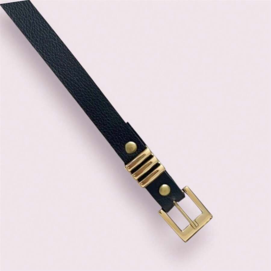 Women's Thin Belt With Basic Gold Buckle - màu đen - Xem 1