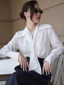 QIANZHIDU Women's Elegant Solid Color Necktie Blouse, Suitable For Office, Interview, Work, Valentine's Day, New Year - White - View 1