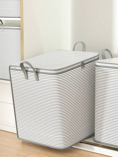 1PC 拉链灰条纹搬家收纳袋,玩具收纳袋,衣物收纳袋,卧室防尘防潮收纳袋,浴室脏衣服收纳袋,橱柜季节性床上用品收纳袋,床头杂物收纳袋,开学季杂物收纳袋,双向合金拉链,可折叠便携收纳袋,适用于家庭日用品收纳,杂物收纳,搬家运输