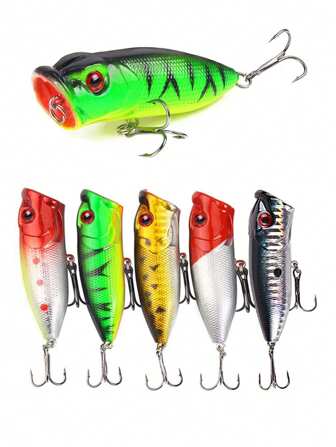 1set 5pcs/set Simulation Fishing Lures, 5 Colors Plastic Popper Bait, Floating, Hard, Fake Fish Bait For Pike Fishing