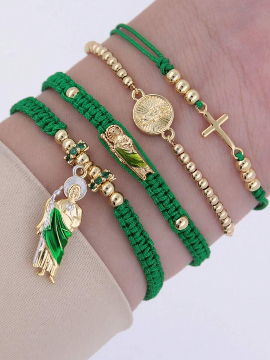 Pulsera ajustable con símbolo religioso de cruz y San Judas, hecha a mano de cobre chapado en oro de 18K de la serie verde, adecuada para uso diario, unisex, se puede apilar, regalo ideal para esposo/padre/familia/amigos - Verde - Ver 1