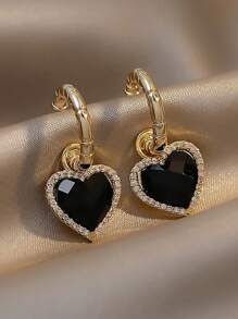 Andkiss Rhinestone Heart Drop Earrings Valentines - Black - View 1