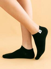 5 Pairs Women Black Fabric Tag Animal Pattern Ankle Socks - Black - View 4
