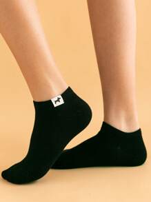5 Pairs Women Black Fabric Tag Animal Pattern Ankle Socks - Black - View 3