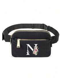 This Minimalist Chest Bag, Strap Bag, Sports & Fitness Bag Features Floral & A-Z Letter Pattern Designs. It Is A Versatile Women's Wallet, Shoulder Bag, Waist Pack, Coin Purse, Small Bag, Outdoor Chest Pack, Phone Storage Pack, Multi-Functional Yoga Pocket Waist Bag, Waterproof Sports Adjustable Shoulder Bag. Suitable For Sports, Running, Travel, Hiking, And The First Day Of School, Allowing You To Be Fashionable And Organized. - Black - View 29
