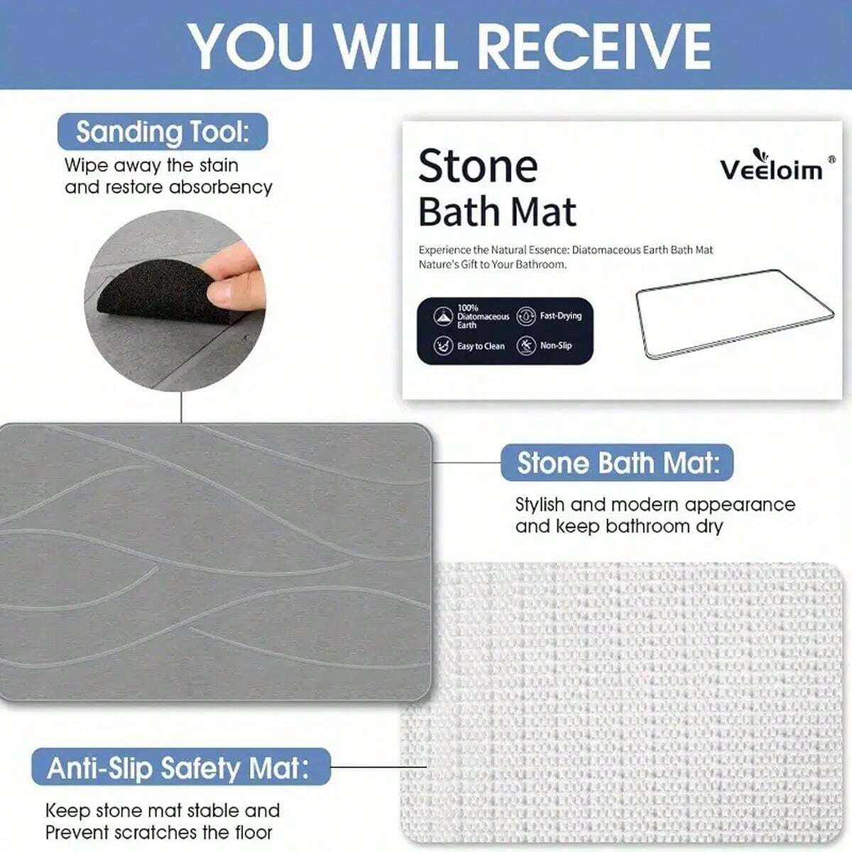 Stone Bath Mat, Diatomaceous Earth Bath Mat Stone, NonSlip Stone
