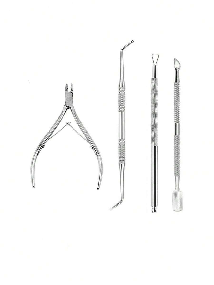 Bộ dụng cụ đẩy biểu bì móng tay & kìm cắt móng bằng thép không gỉ 4 món, bộ sơn móng tay & loại bỏ vết chai - Bạc - Xem 1